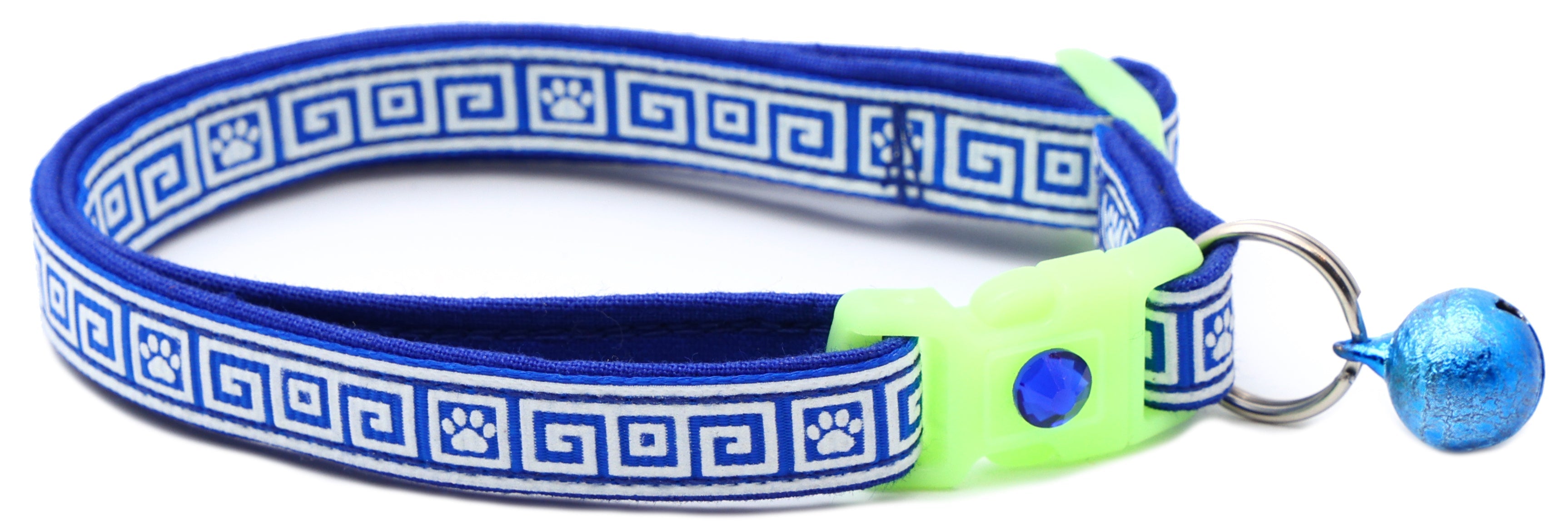 Navy blue Greek key cat collar with neon buckle, metal ring, and blue bell