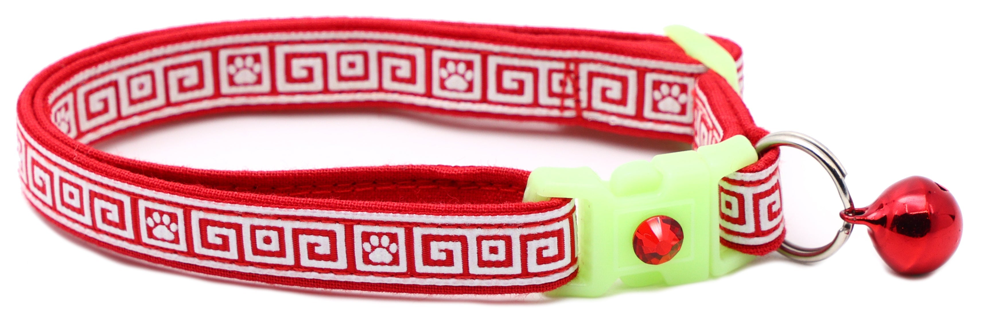 Red cat collar with Greek key pattern, neon breakaway buckle, red bell