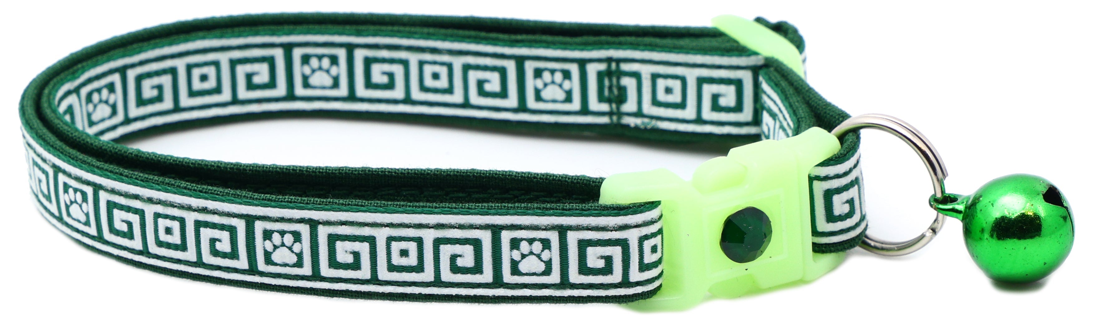 Green Greek key cat collar with neon buckle and metal ring