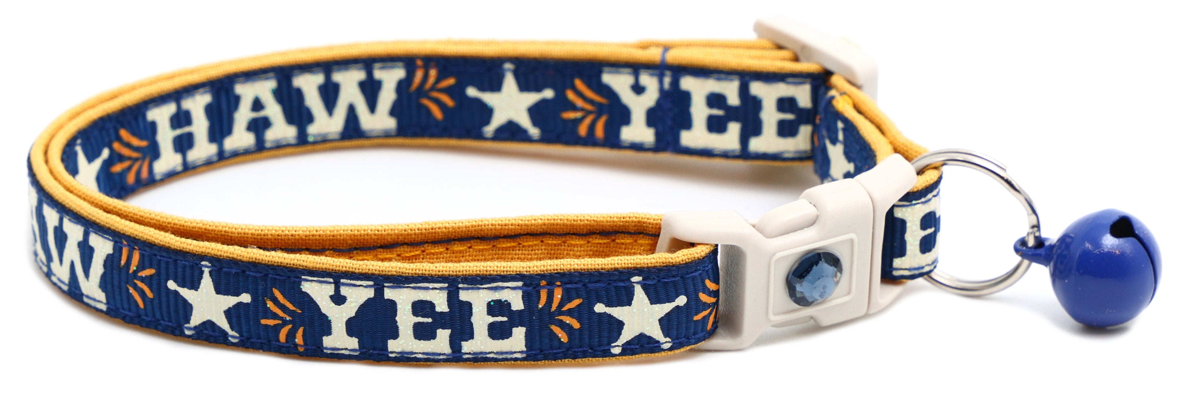 Breakaway dog collar with “YEE HAW” print, dark blue and yellow trim, blue jingle bell