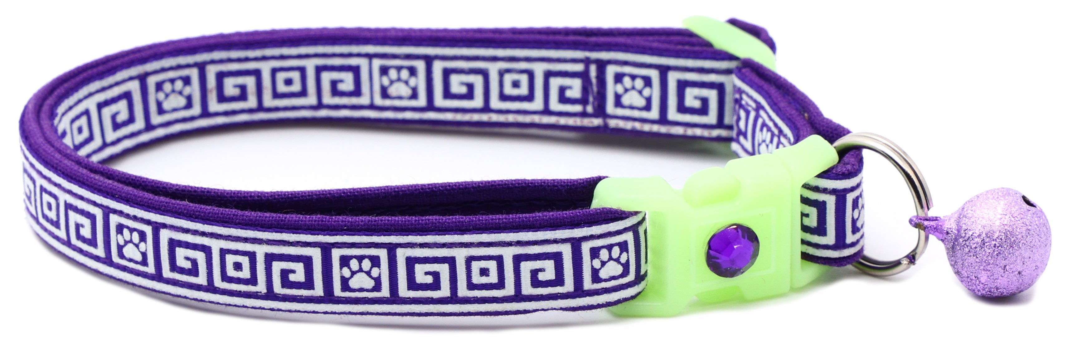 Cat collar with purple Greek key fabric, neon green buckle, purple bell charm, metal D-ring