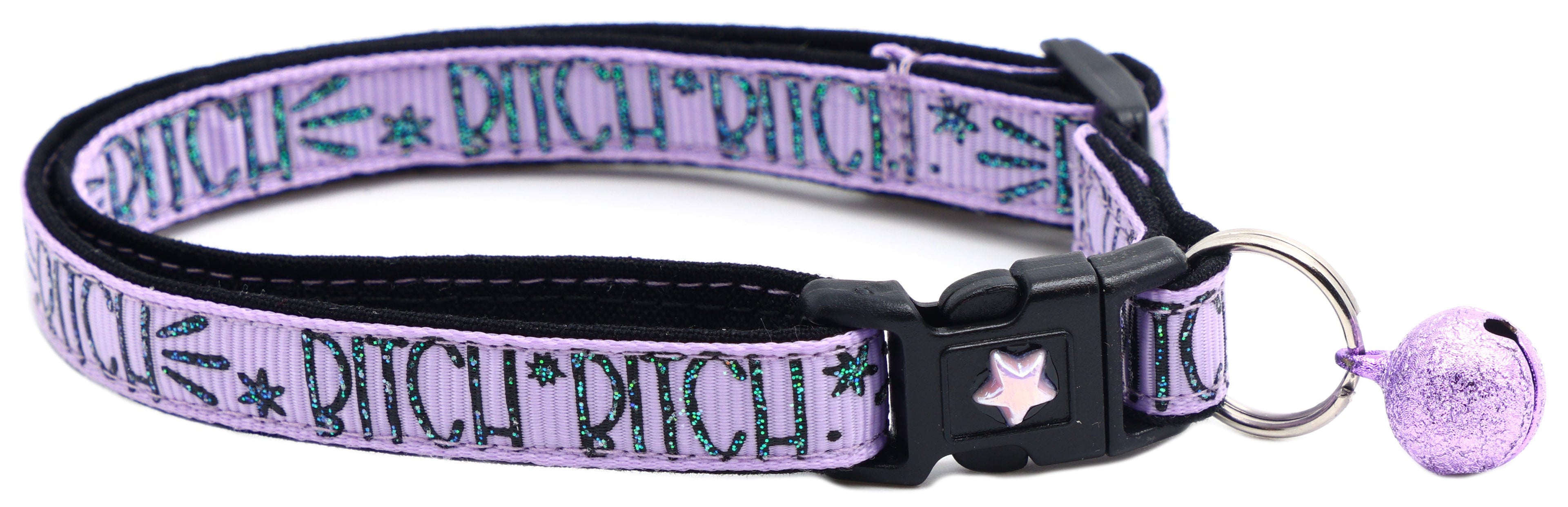 Light purple cat collar with breakaway buckle, printed pattern, silver heart tag and bell