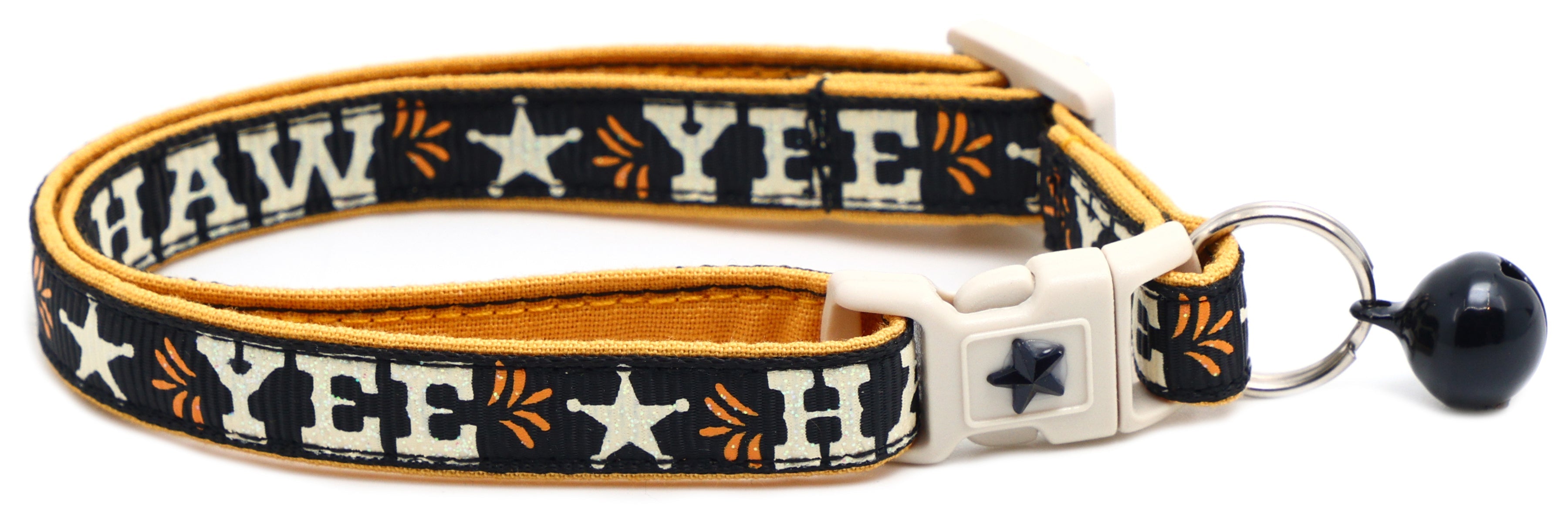 Pet breakaway collar with navy fabric, HA W pattern, white buckle, black bell charm