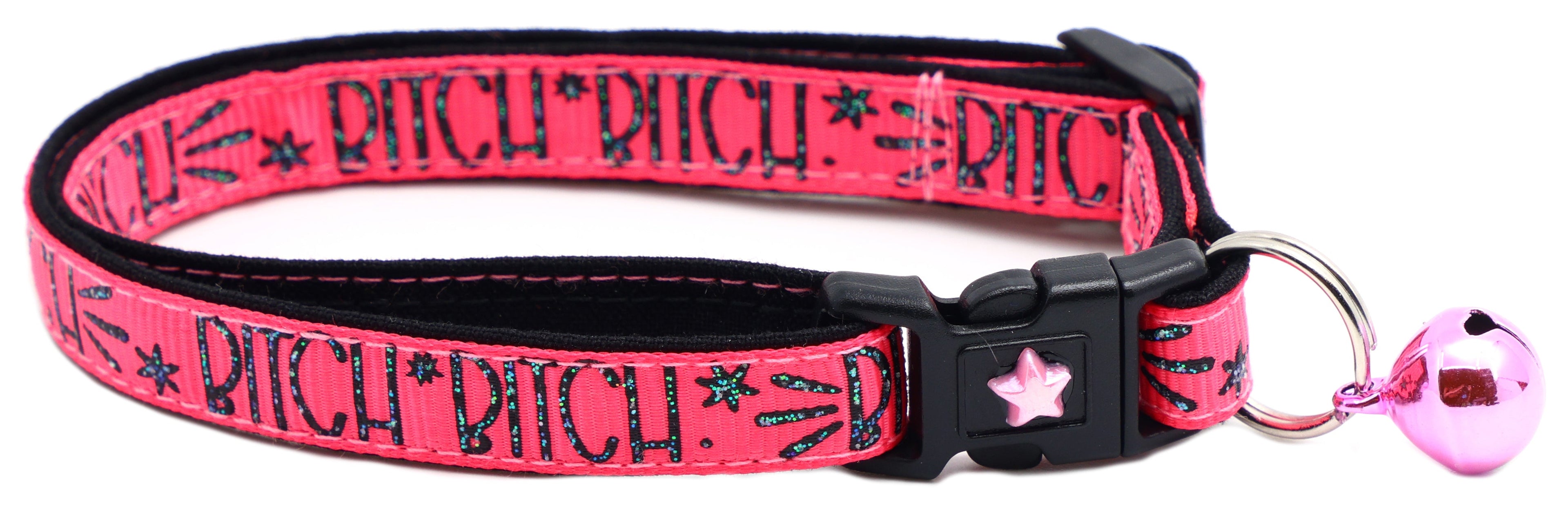 Pink cat collar with breakaway buckle, printed pattern, silver star charm and heart bell