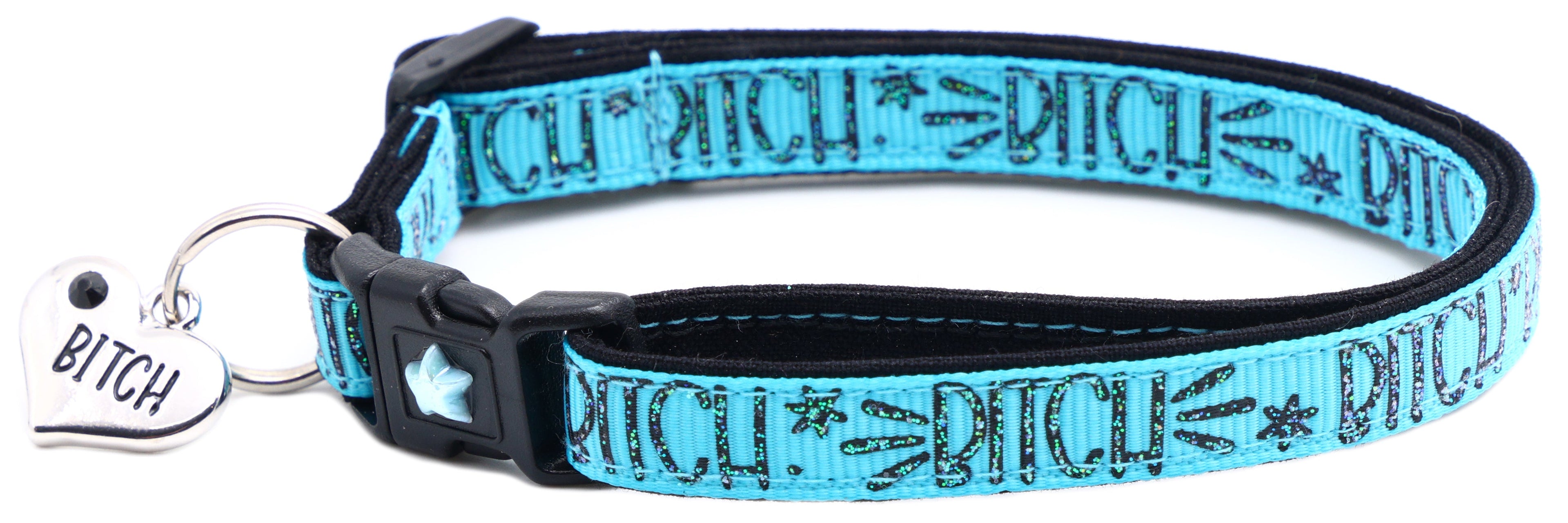 Blue breakaway cat collar with black buckle, metal ring and heart-shaped tag charm.