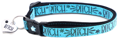 Breakaway cat collar, blue fabric with black buckle and dangling tag charm; safety.