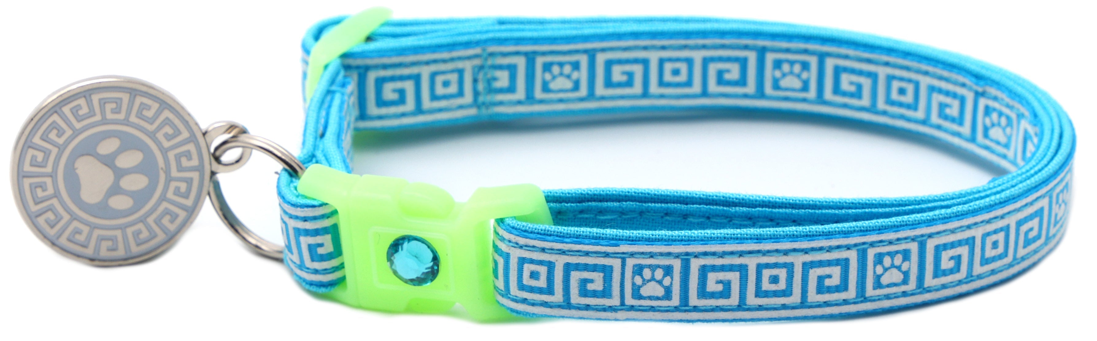 Breakaway cat collar with light blue Greek key pattern, light green buckle, metal ring clasp, paw tag.