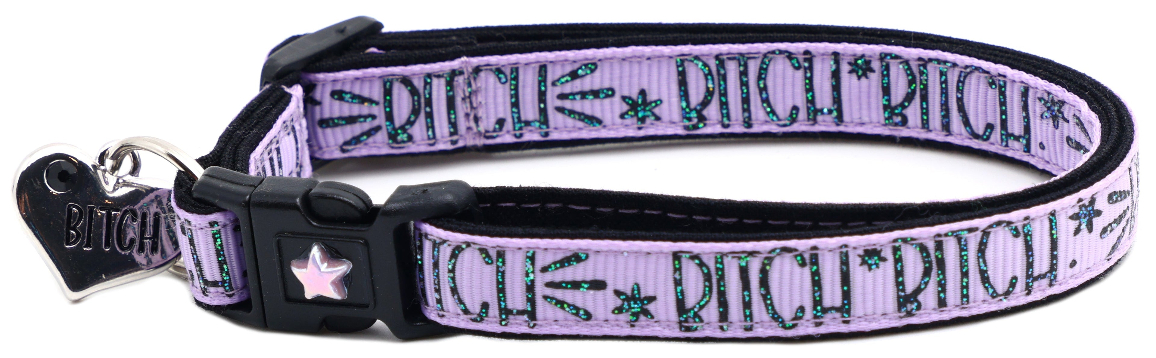 Purple fabric cat collar with black buckle, star emblem and metal ring with BITCH tag