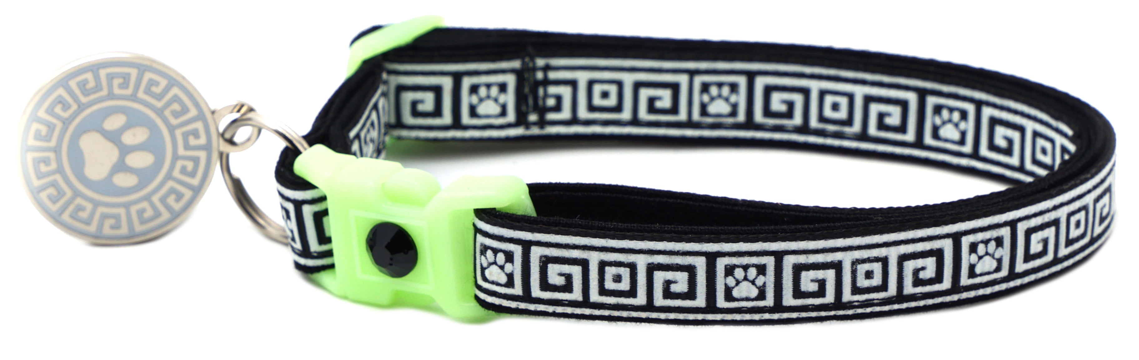 Black patterned cat collar with lime breakaway insert and silver paw charm with ring