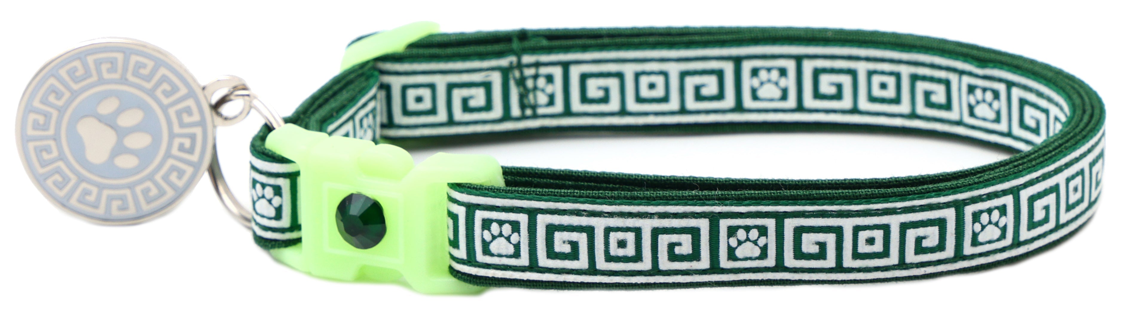Cat collar with dark green Greek key fabric, neon green buckle, round paw disc charm