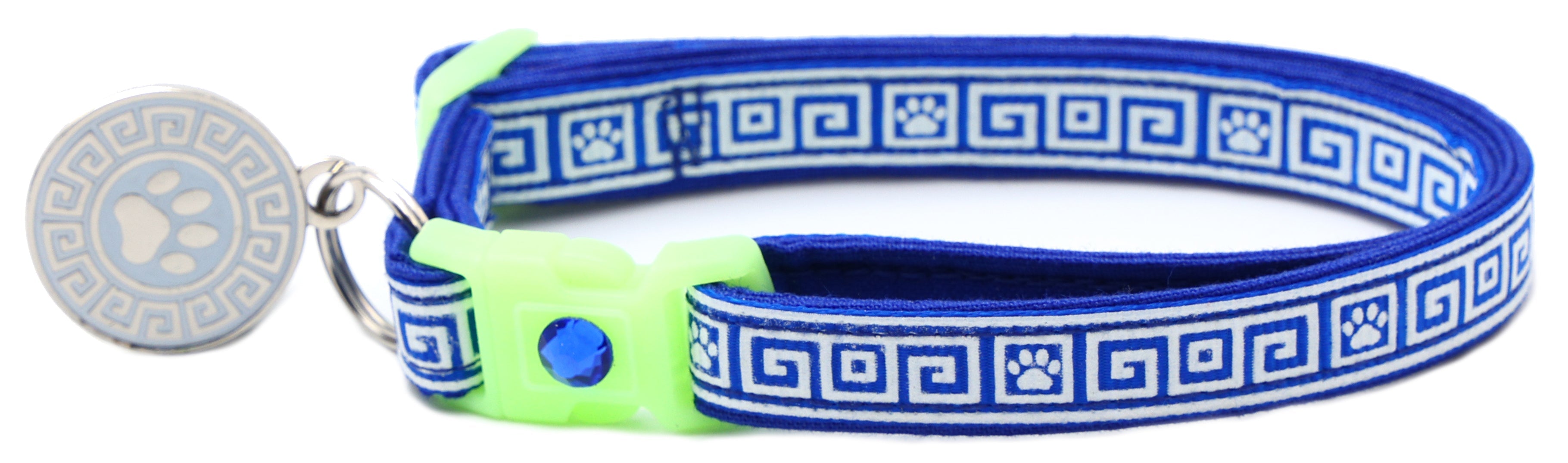 Greek Key breakaway cat collar in blue with neon green buckle and round paw charm