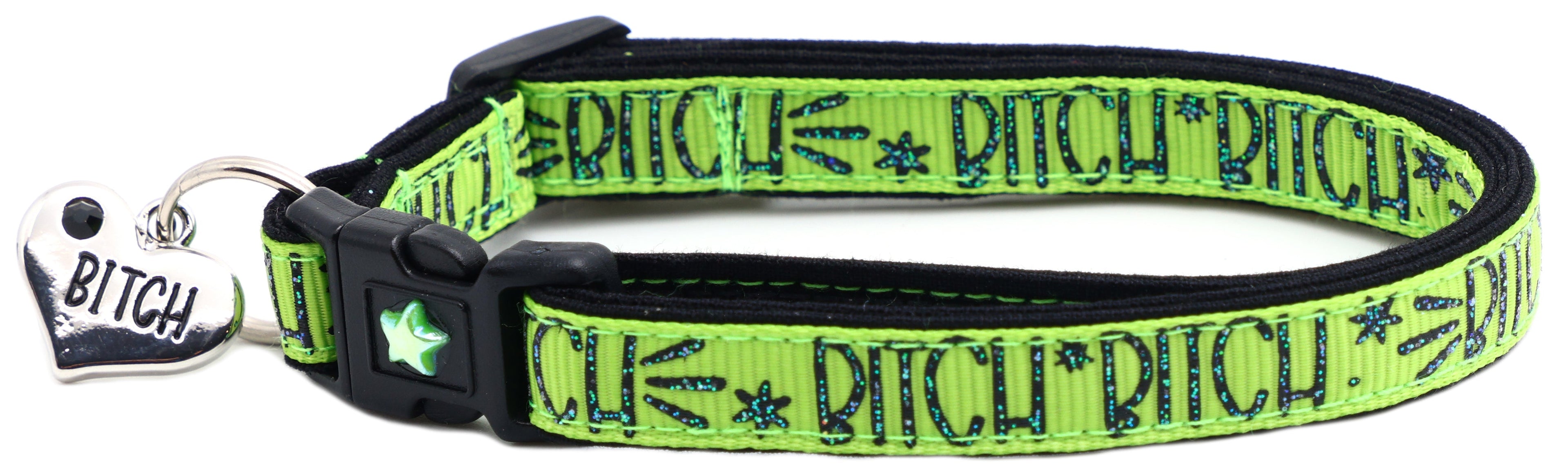 Green fabric cat collar with black buckle, star emblem and metal ring with BITCH tag