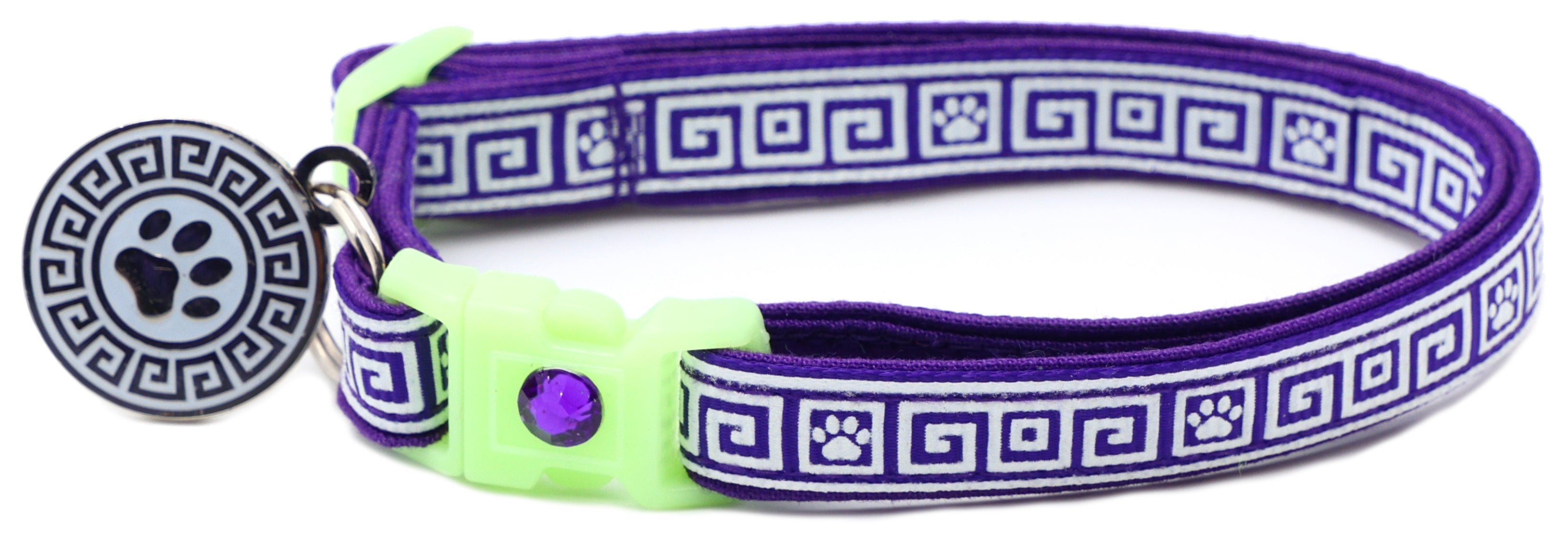 Breakaway cat collar with purple Greek key pattern, light green buckle, metal ring clasp, round paw tag.