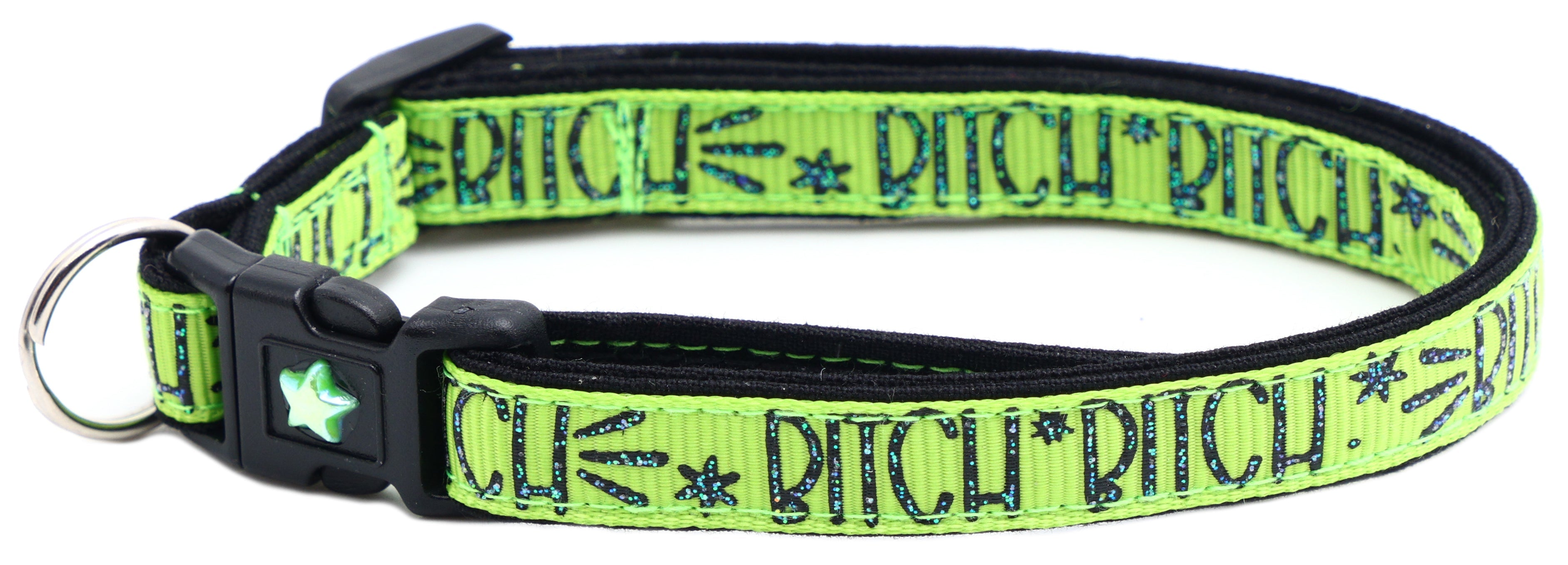 Breakaway cat collar, lime-green strap with black breakaway buckle and metal D-ring