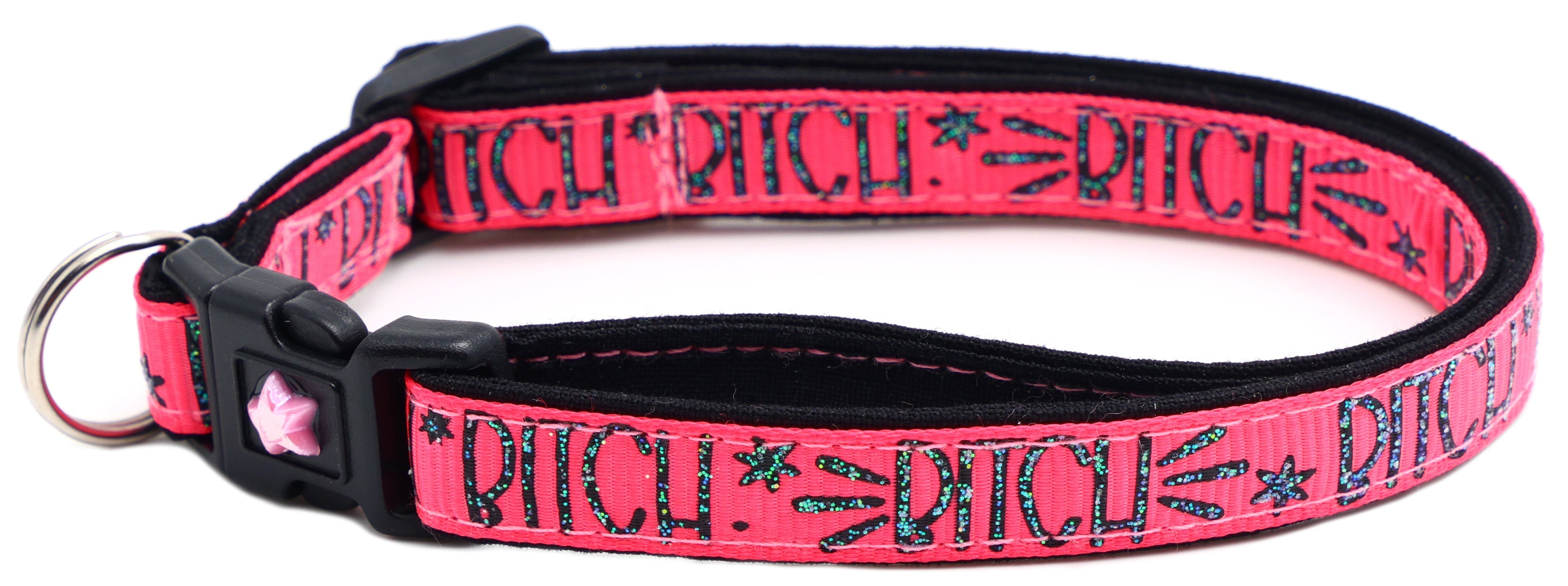 Pink cat collar with breakaway buckle, printed pattern, silver star charm and bell