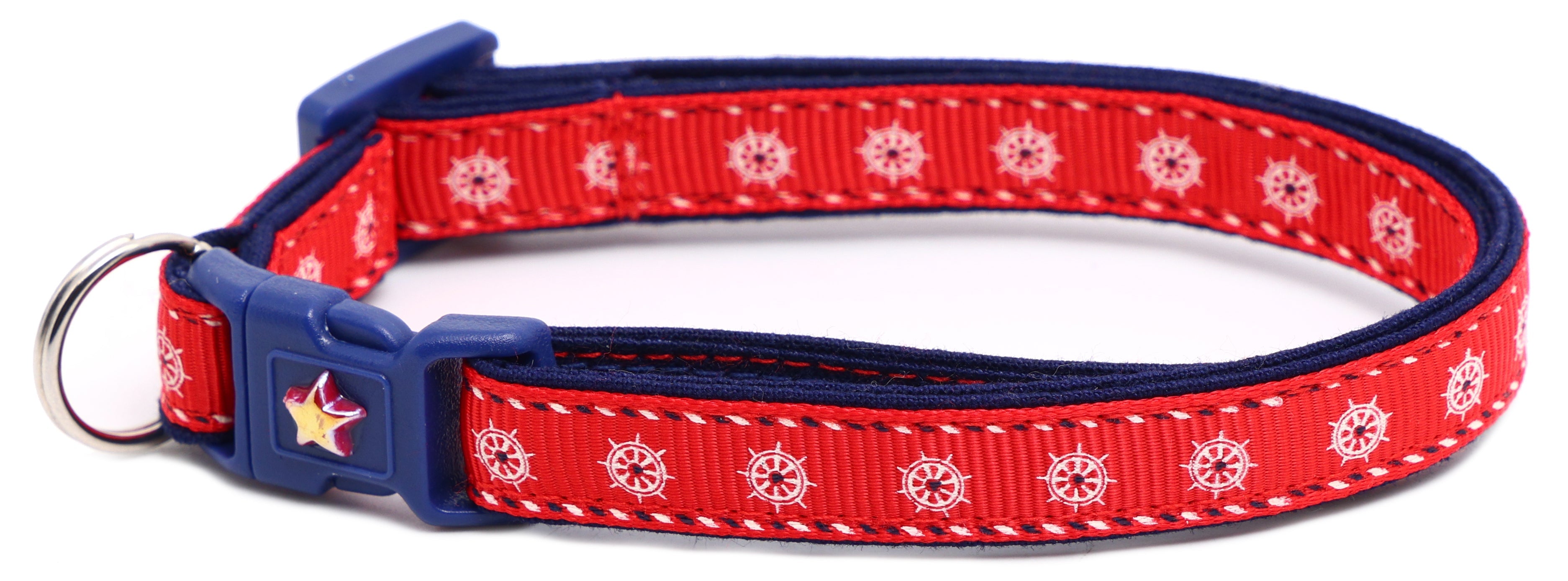 Red and navy cat collar with star charm and navy breakaway buckle