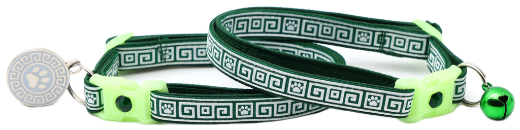 Greek Key breakaway cat collar in dark green with neon green buckle and small bell