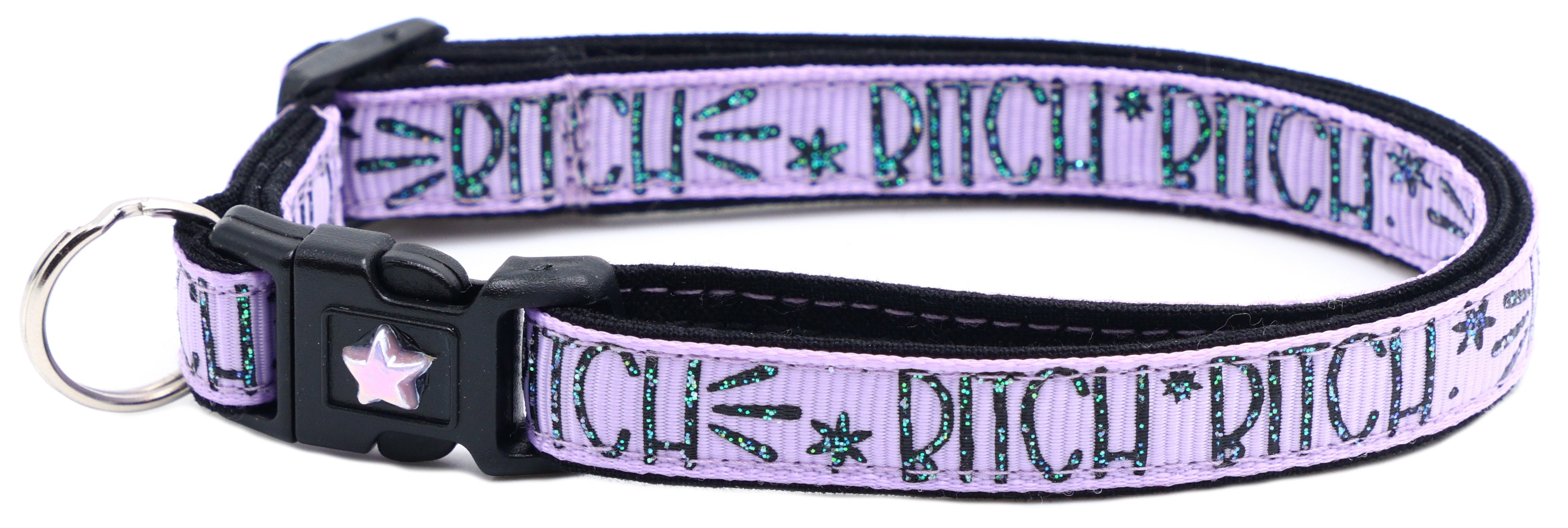 Lavender breakaway cat collar with black buckle and star charm, metal ring attachment.