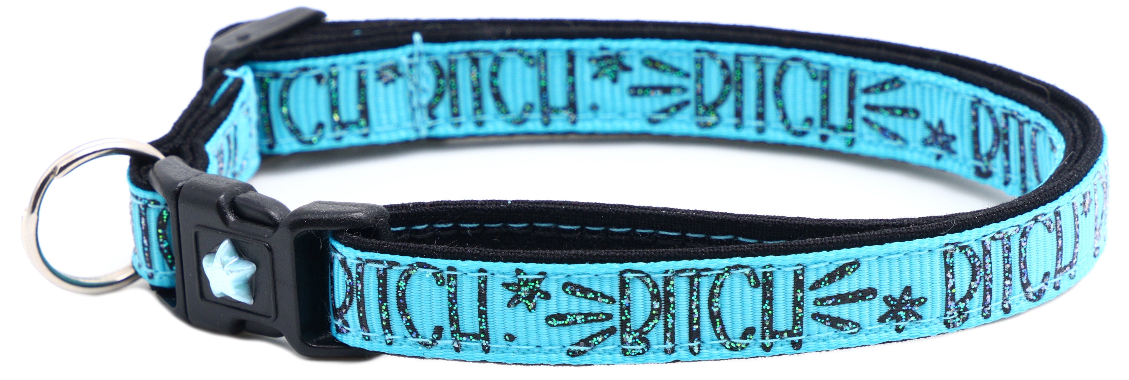 Breakaway cat collar, teal-blue strap with black breakaway buckle and metal D-ring