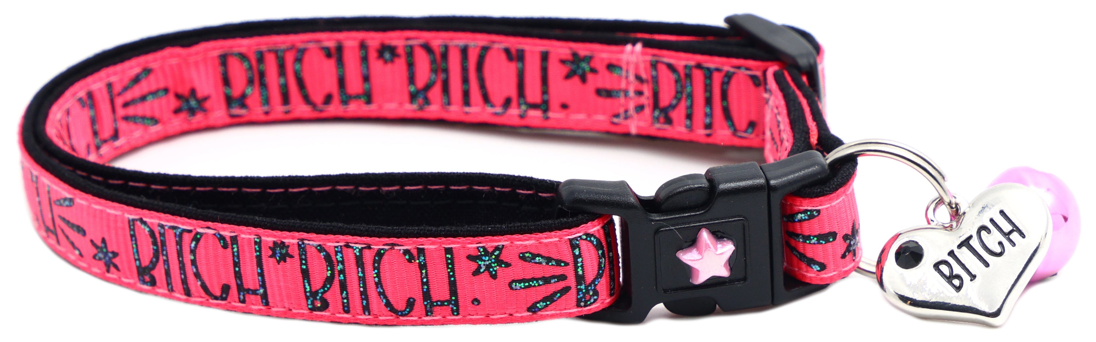 Pink cat collar with breakaway buckle, printed pattern, silver star charm and heart tag