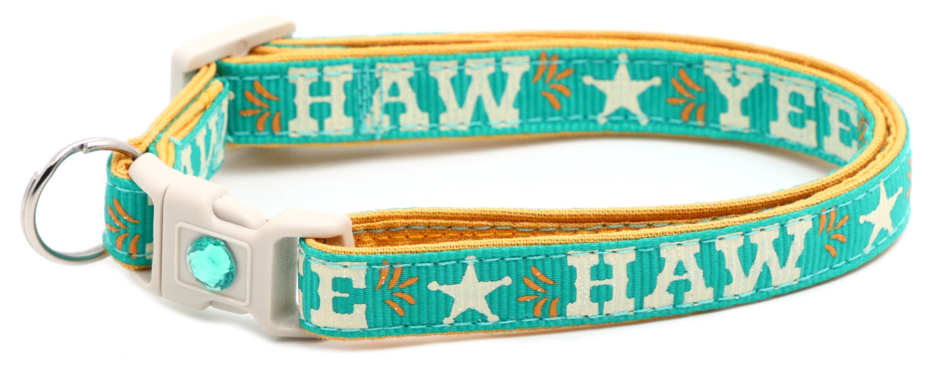 Pet breakaway collar with teal fabric, HA W pattern, white buckle, mint stone charm