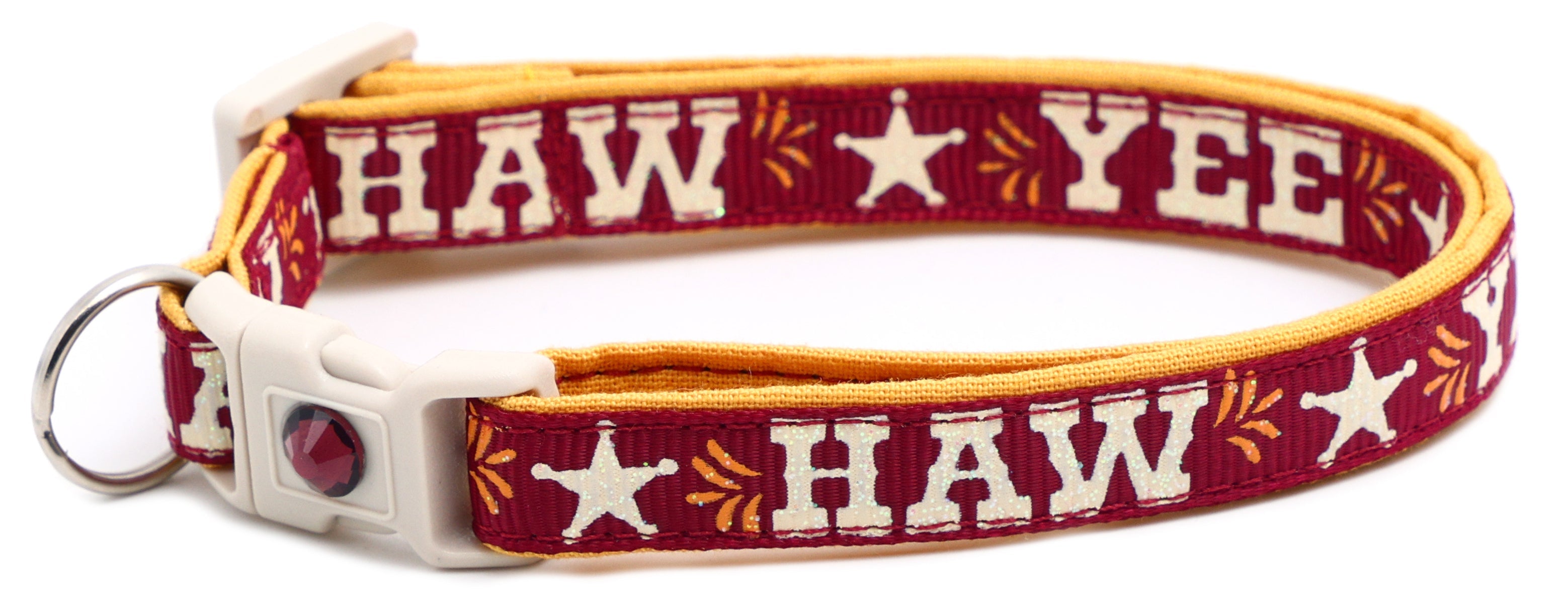 Breakaway dog collar with “YEE HAW” text print, burgundy and yellow trim, star emblem