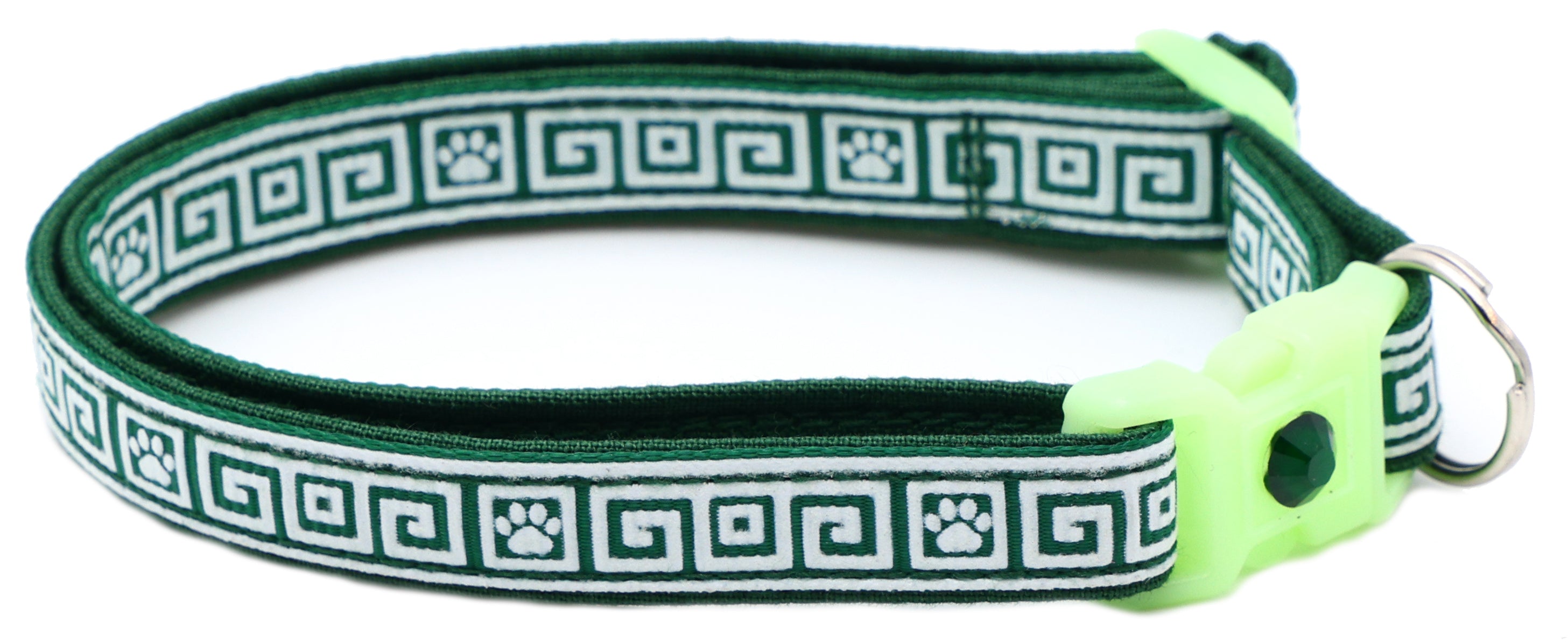 Dark green cat collar with Greek key pattern, neon breakaway buckle, dark green crystal