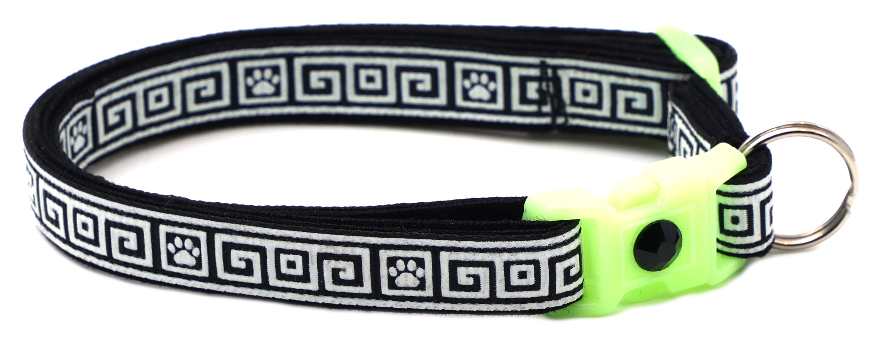 Greek Key breakaway cat collar in dark with neon green buckle and black gem