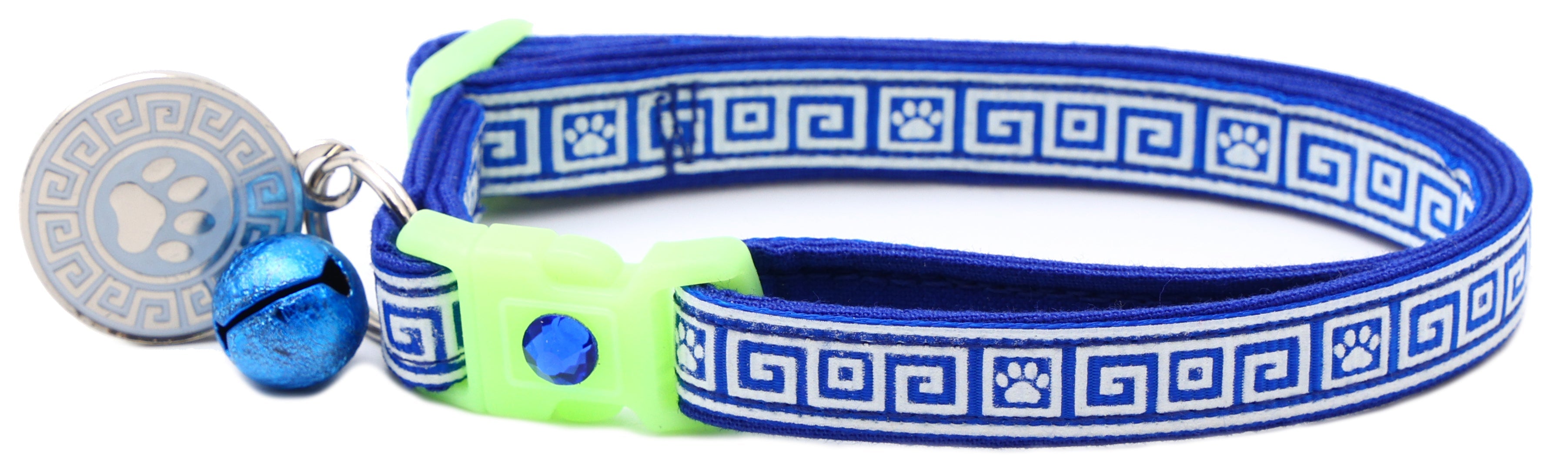 Blue patterned cat collar with lime breakaway insert and silver paw charm with blue bell
