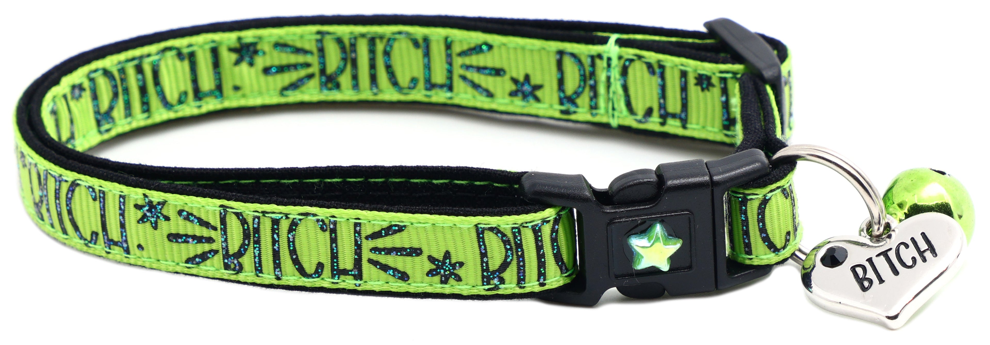 Green cat collar with breakaway buckle, printed pattern, star charm and heart bell charm