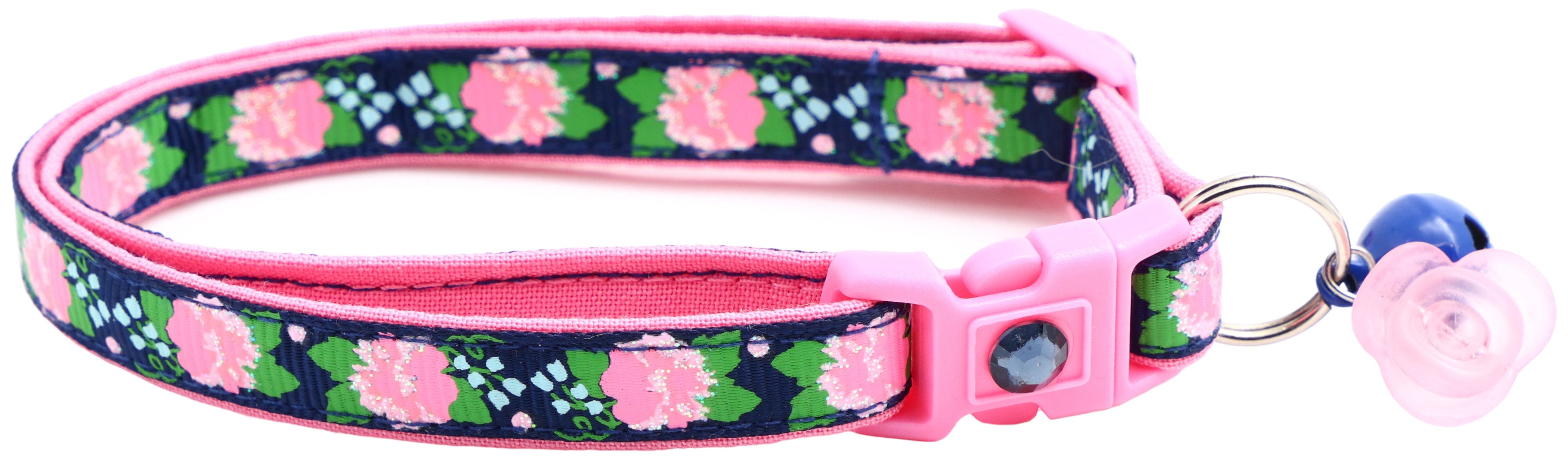 Navy floral cat collar with pink buckle, metal ring, pink flower bell charm