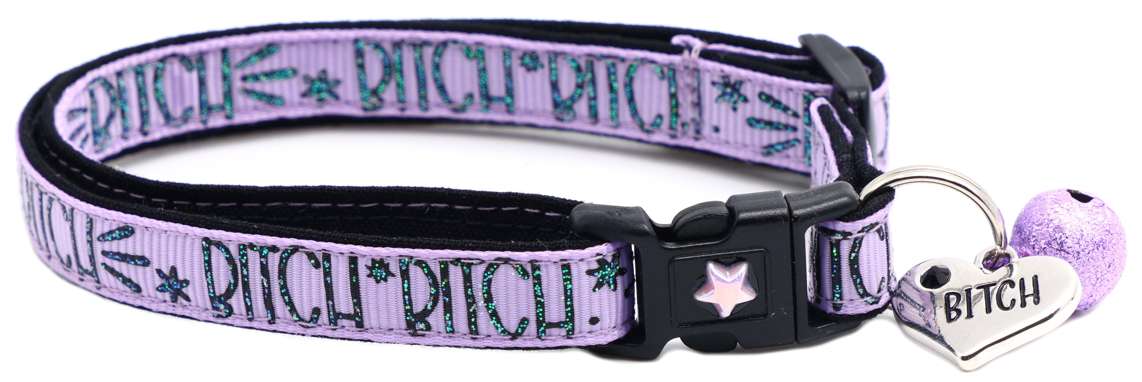 Purple cat collar with breakaway buckle, printed pattern, silver heart charm and text tag