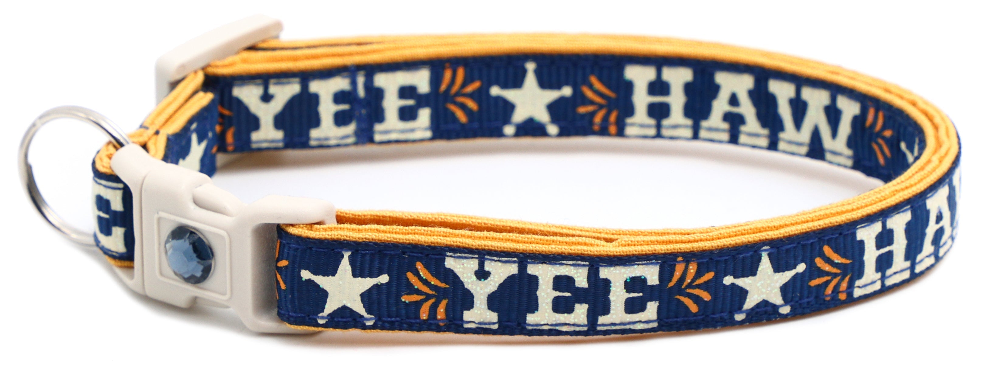 Breakaway dog collar, navy with “YEE HAW” embroidery and white buckle, no bell attached