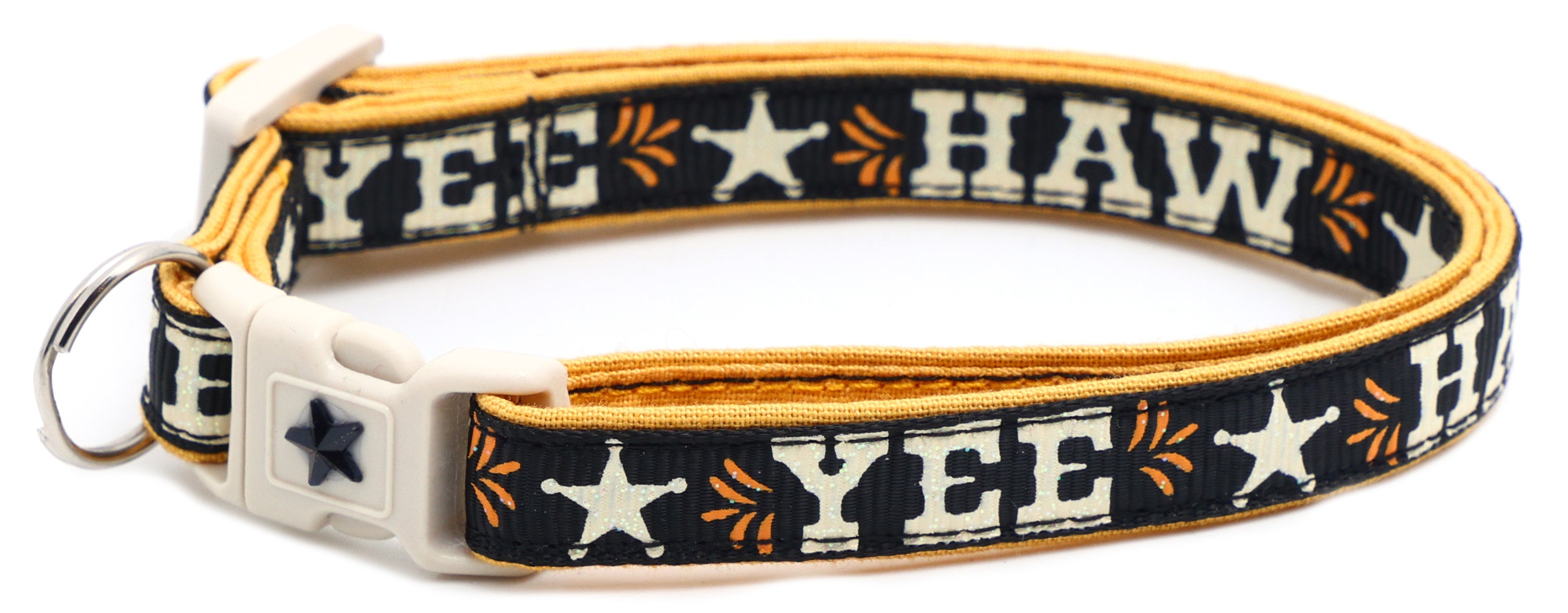 Breakaway dog collar with “YEE HAW” text print, dark navy and yellow trim, star emblem