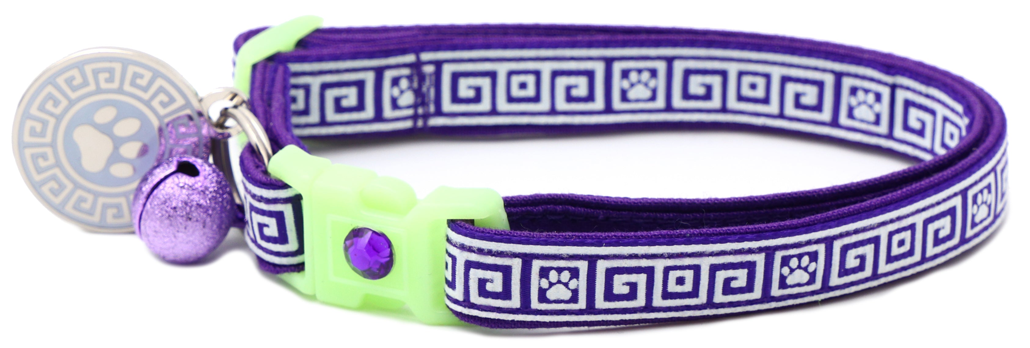 Cat breakaway collar with purple Greek key pattern, neon green buckle and round paw charm