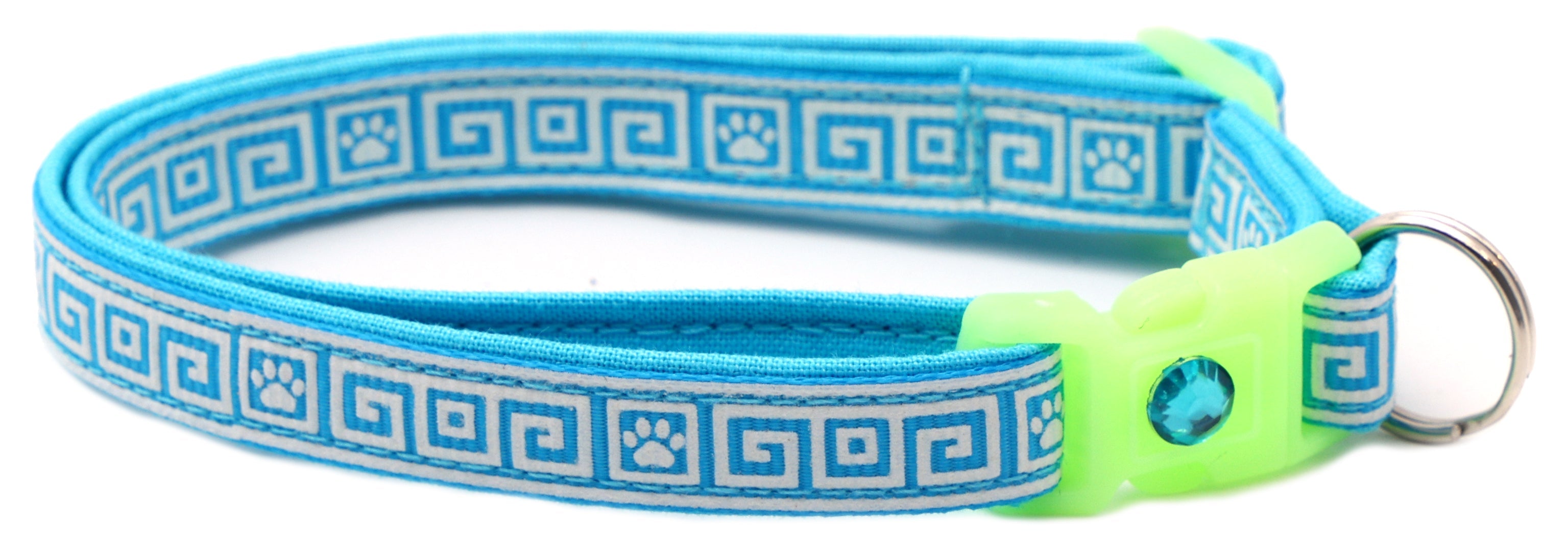 Light blue Greek key cat collar with neon buckle and metal ring