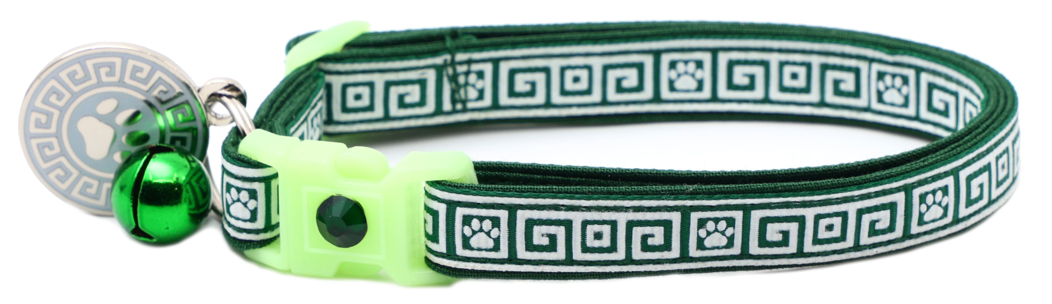 Dark green patterned cat collar with lime breakaway insert and green jingle bell charm