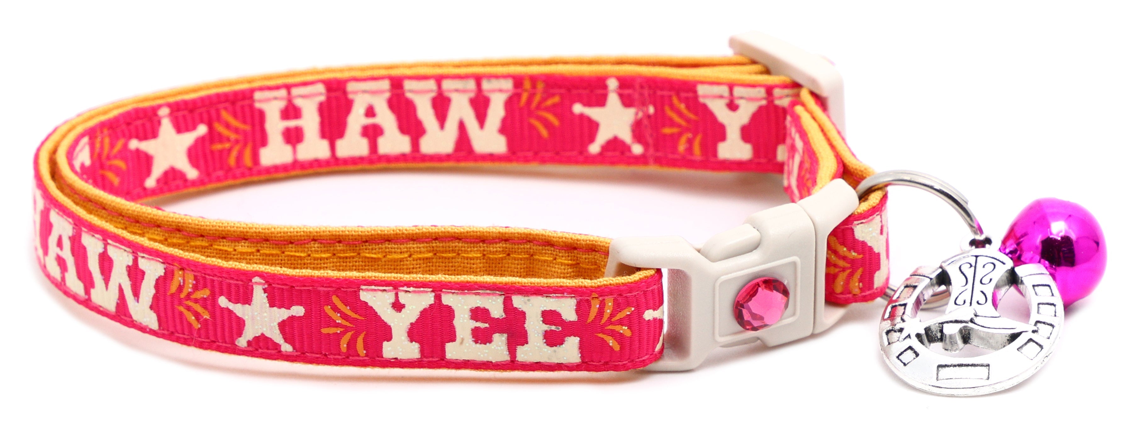 Pet breakaway collar with pink fabric, HA W pattern, white buckle, magenta bell charm