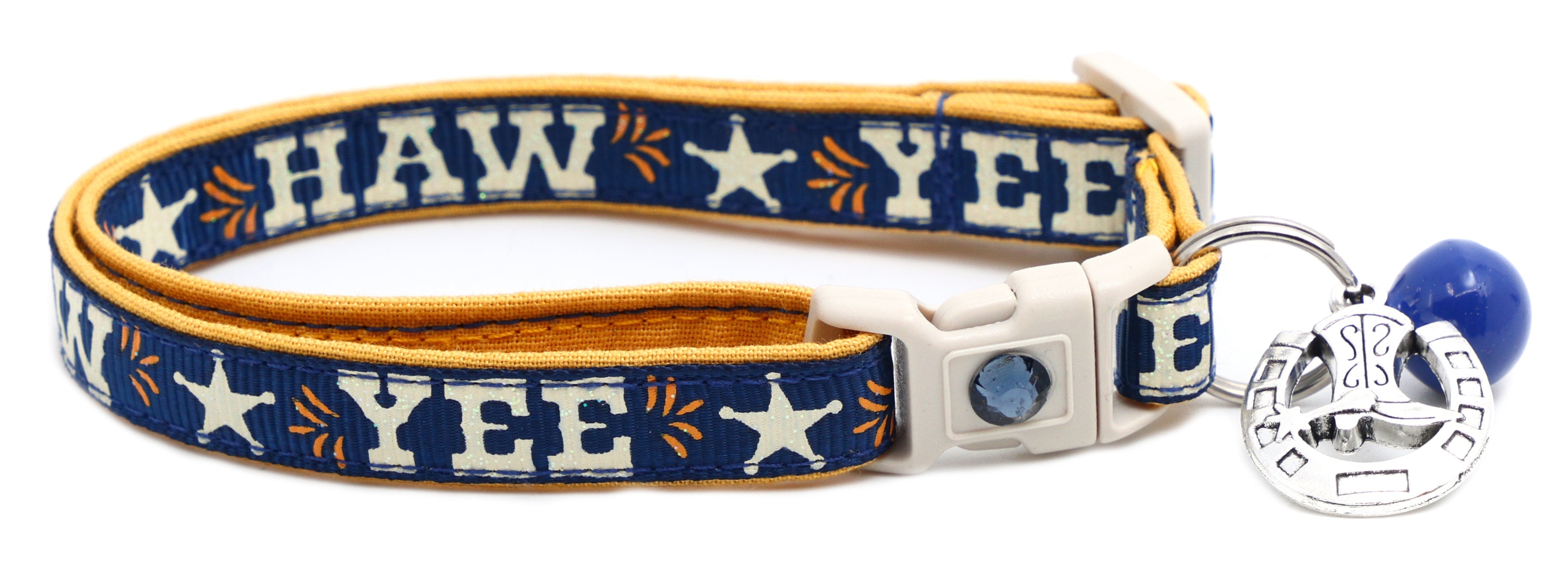 Breakaway dog collar with “YEE HAW” print, navy blue and yellow trim, horseshoe charm