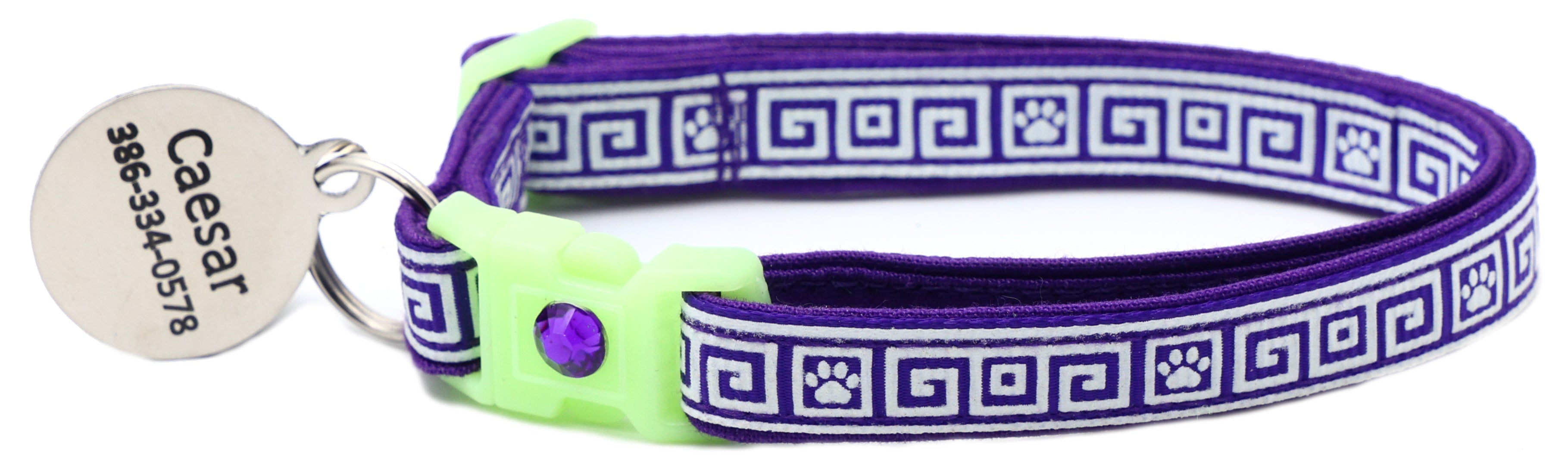 Greek Key breakaway cat collar in purple with neon green buckle and engraved paw tag