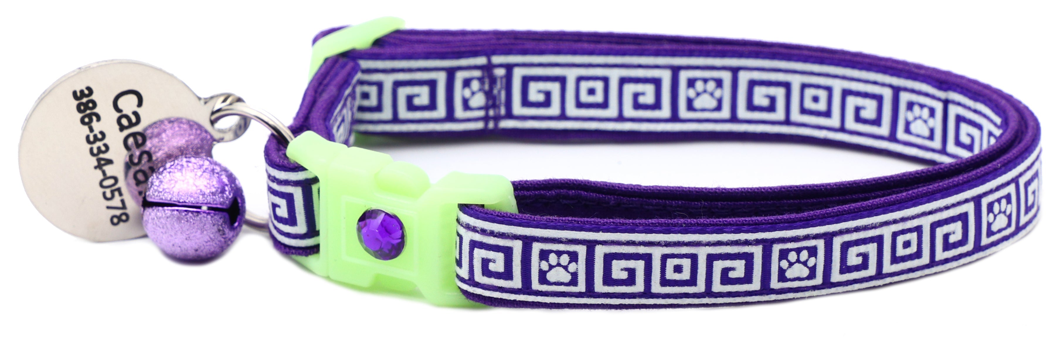 Cat collar with purple Greek key fabric, neon green buckle, round name tag, purple glitter bell