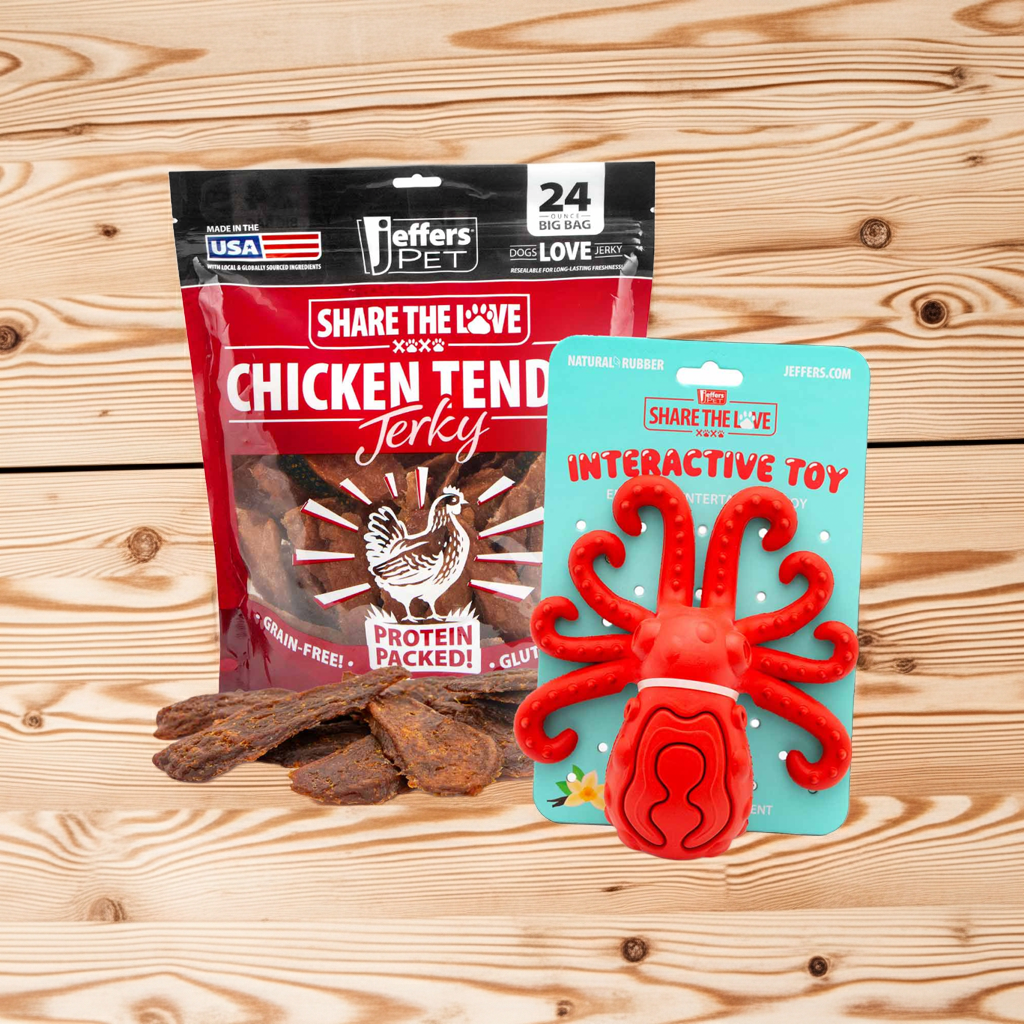 Dog chew toy and chicken jerky treats kit, red octopus and brown jerky pieces
