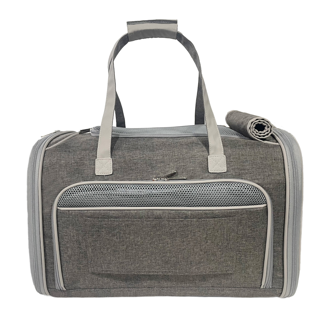 Top view of gray expandable pet carrier with mesh ventilation window and two carry handles