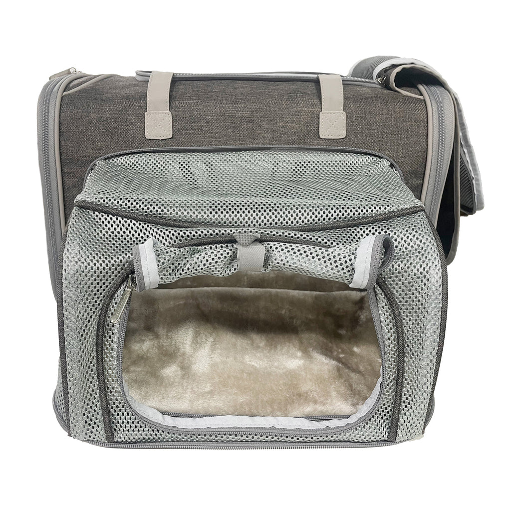 Charcoal ash expandable pet carrier with front zip mesh panel and padded top handles