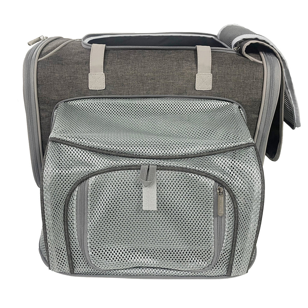 Charcoal ash airline pet carrier, front view with zip mesh door and exterior storage panel