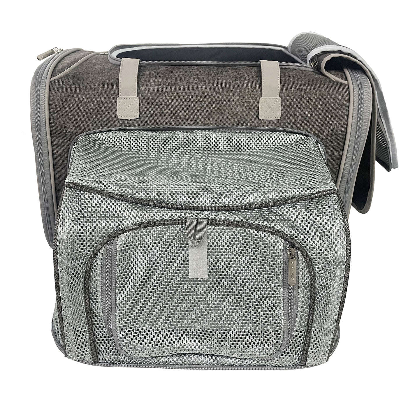 Charcoal ash airline pet carrier, front view with zip mesh door and exterior storage panel