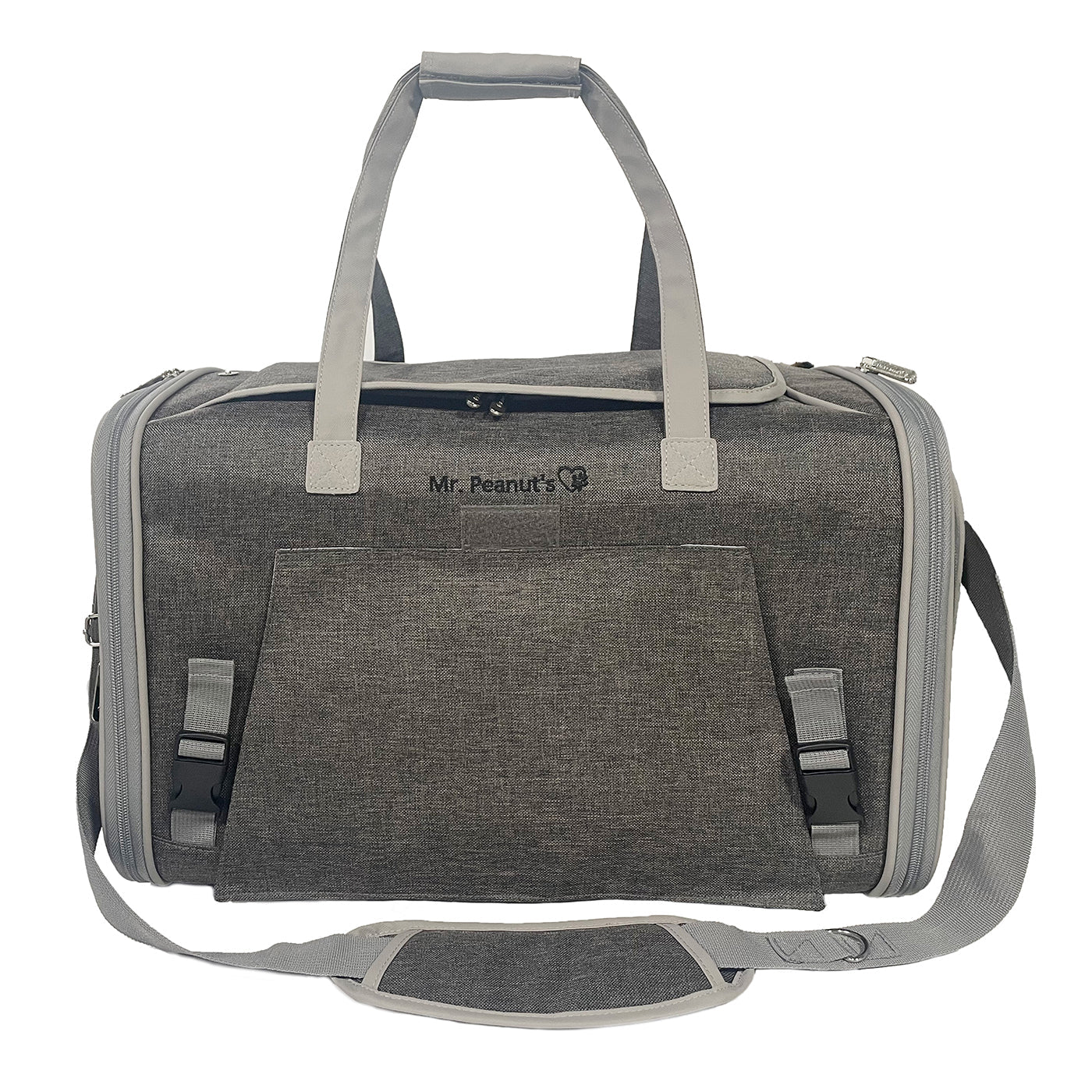 Charcoal ash pet carrier with rear zip panel and adjustable shoulder strap