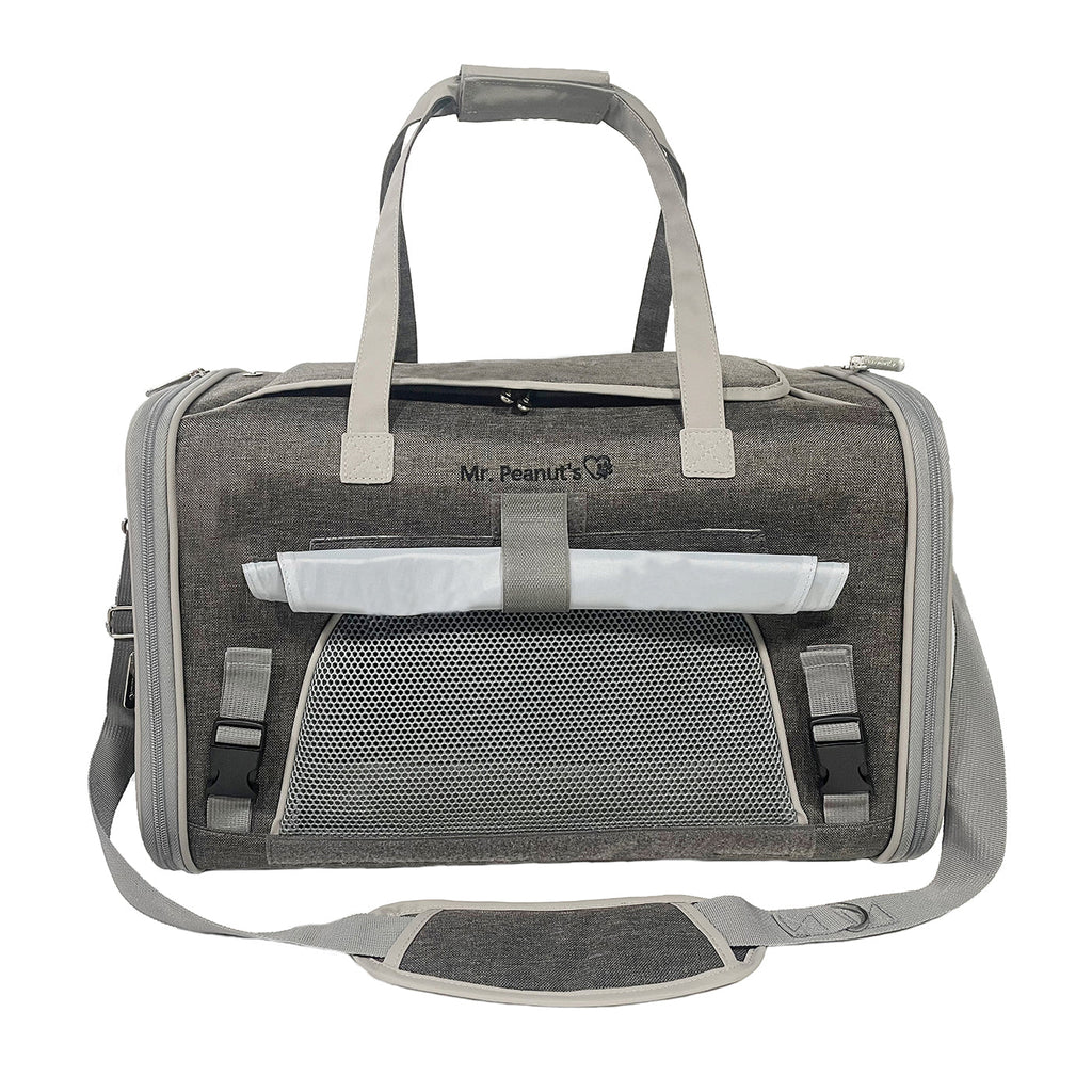 Charcoal ash pet carrier back view with padded handle and foldable mesh ventilation panel