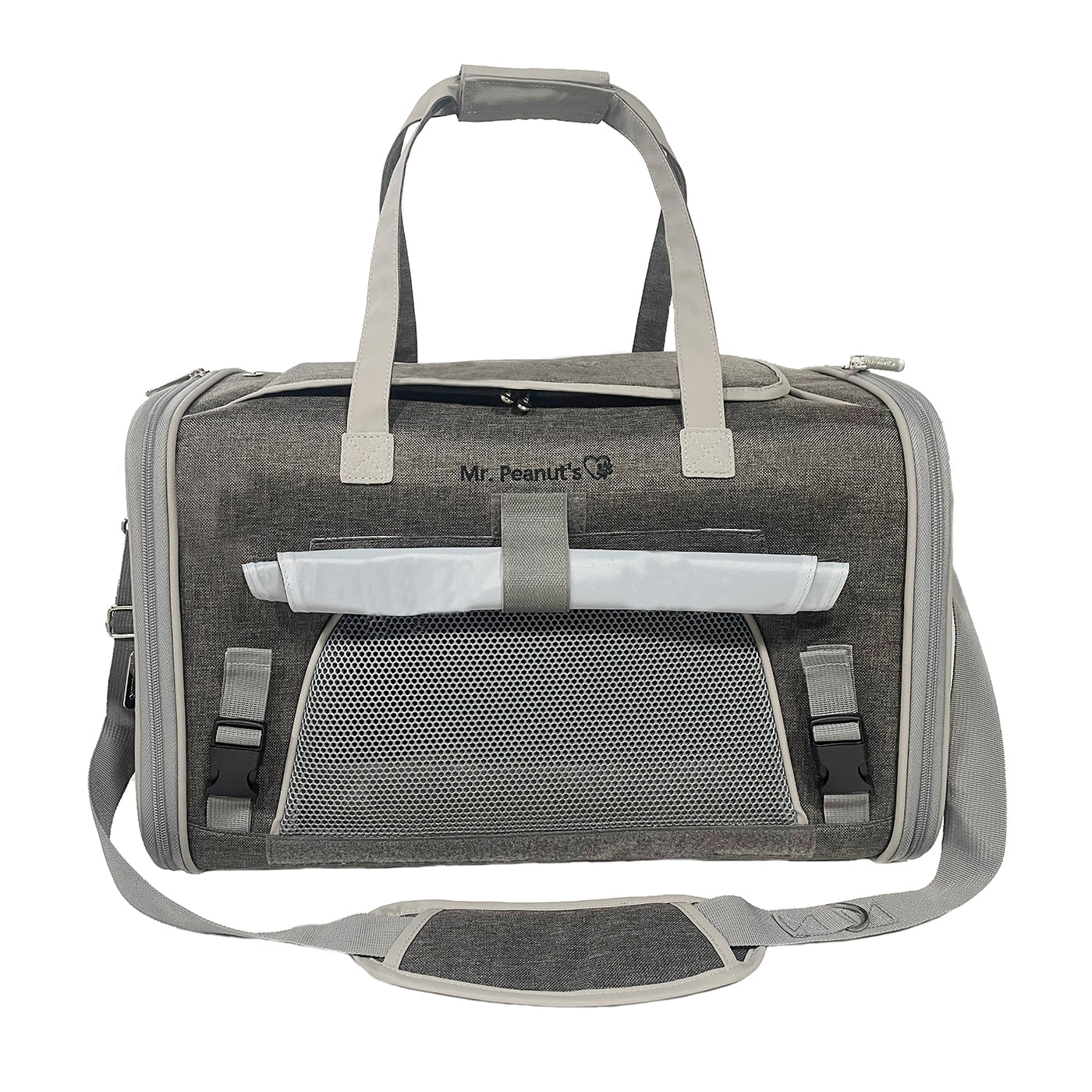 Charcoal ash pet carrier back view with padded handle and foldable mesh ventilation panel