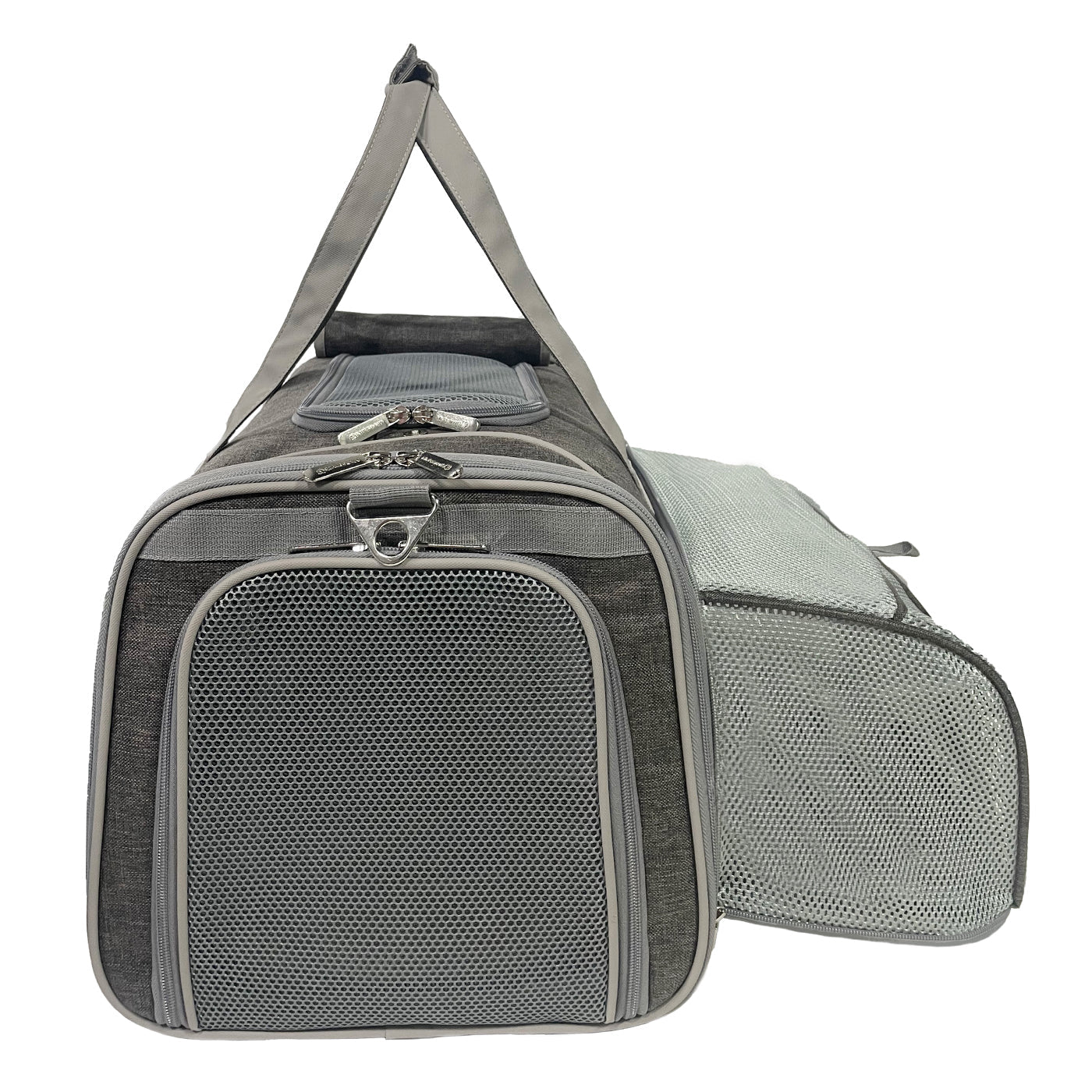 Platinum gray airline pet carrier with mesh side window and top zip compartment